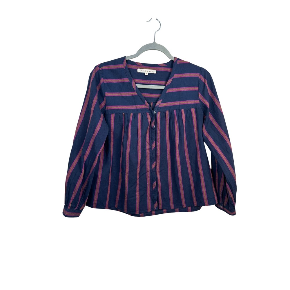 Xirena Striped Cotton Blouse Womens XS Navy Pink Gold Excellent V-Neck Top